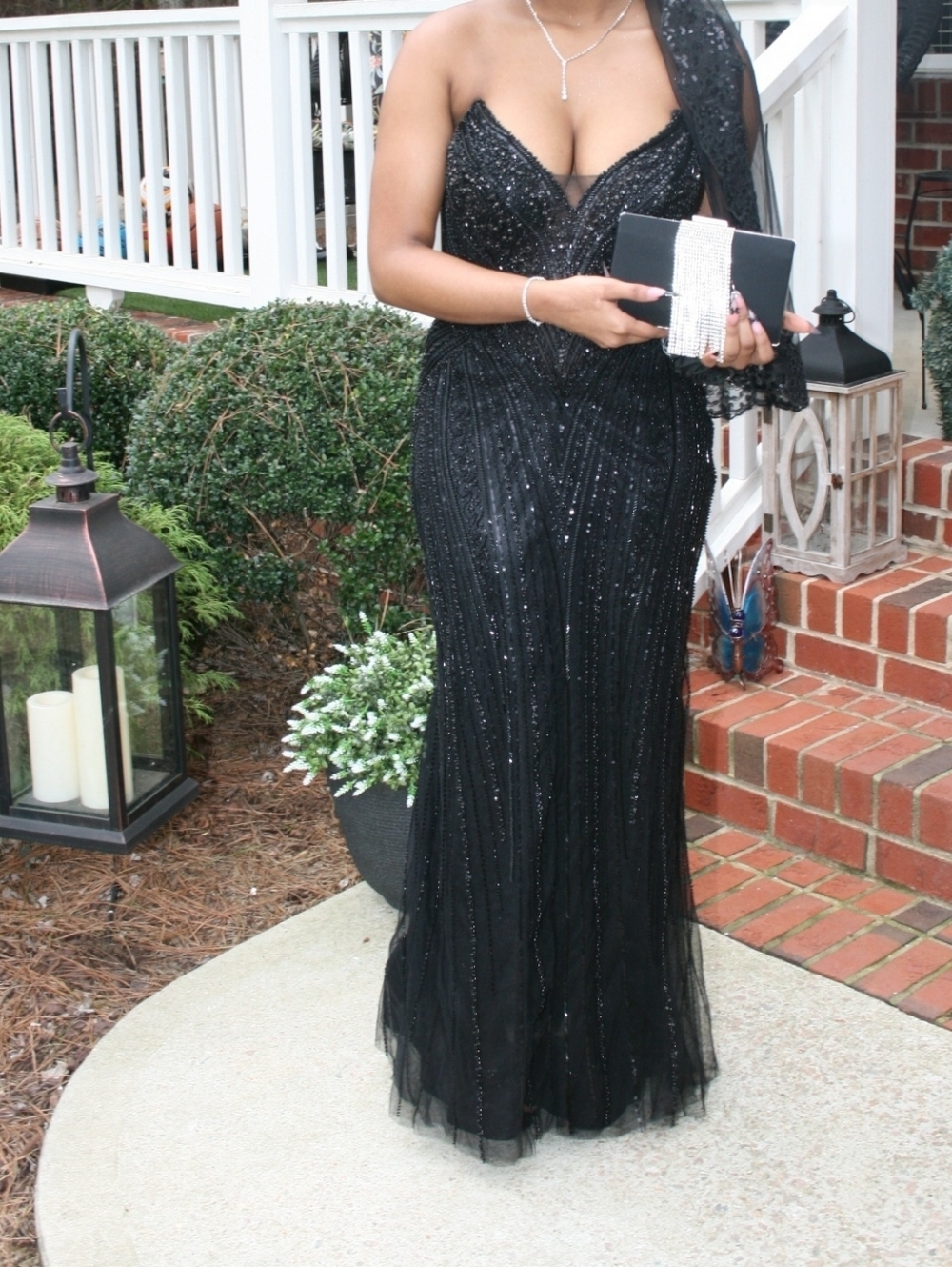 Black Beaded Horn Neck Strapless Mermaid Prom Dress Size 11 | Altered 48” |